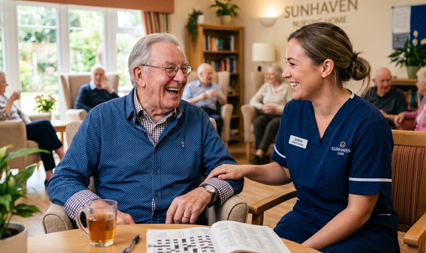 A nurse sharing a warm conversation with a smiling resident in a care home lounge