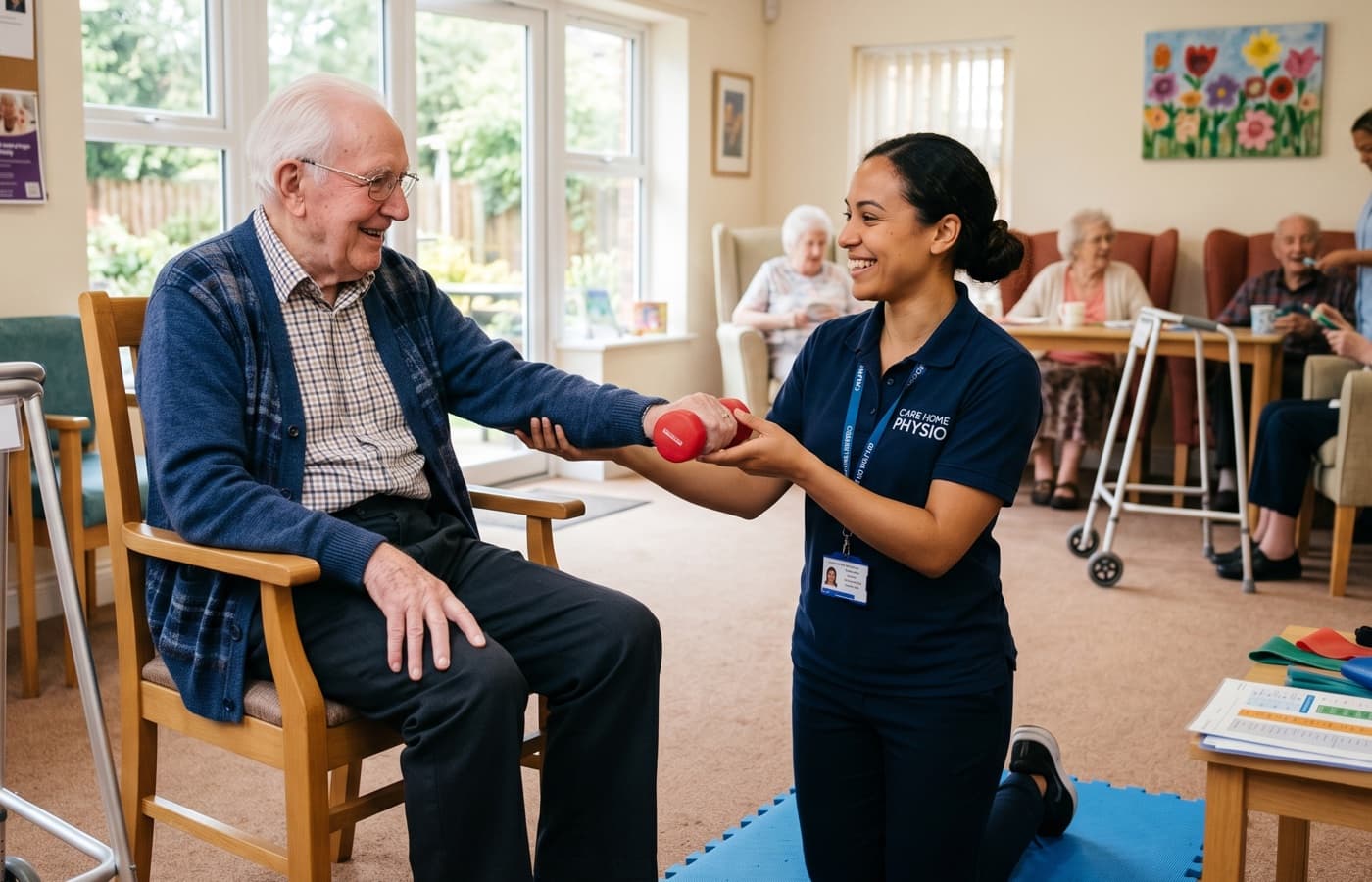 A physiotherapist helping a care home resident with gentle exercises