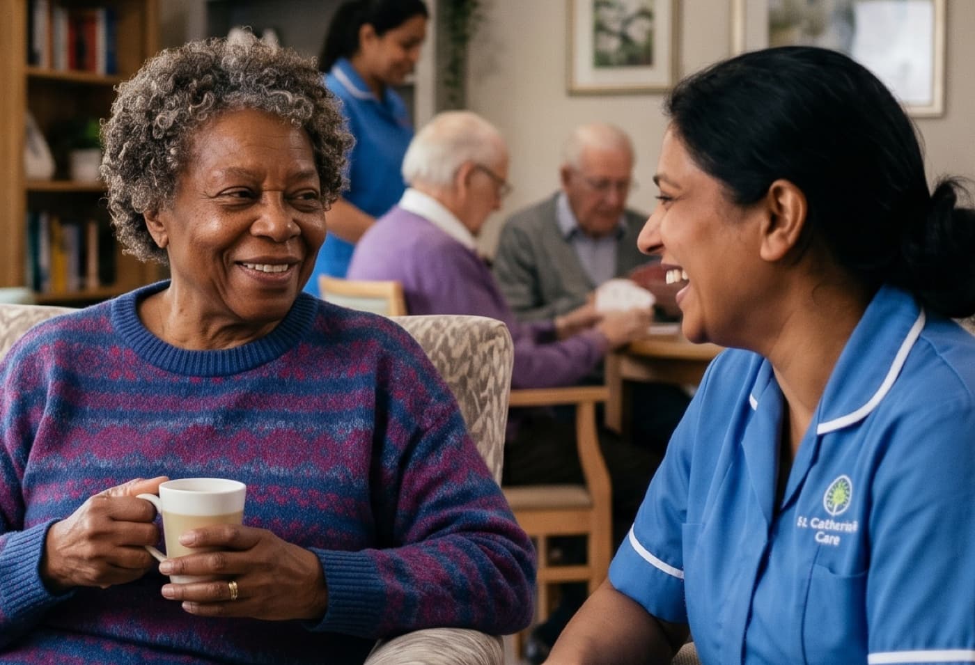A care worker chatting warmly with a resident over a cup of tea
